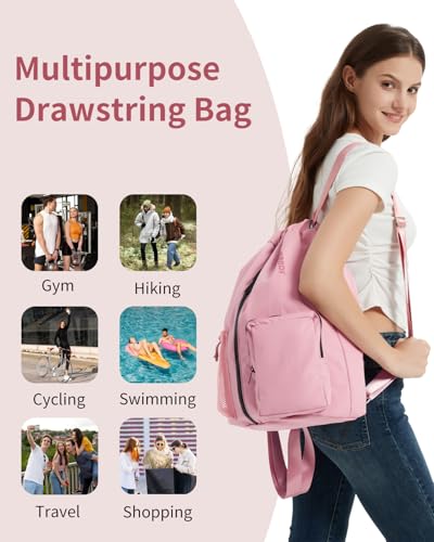 WANDF Drawstring Backpack Sports Gym Bag with Shoes Compartment, Water-Resistant String Beach Sackpack Swim Bag for Women and Men (Pink) | with Shoes Compartment - color: Pink