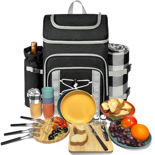 Hap Tim Picnic Basket Backpack for 4 Person with Blanket, Insulated Leakproof Cooler Compartment, Wine Holder, Cutlery Set, Engagement Gifts for Couples, White Elephant Gift Ideas, Black (36221-DG) - color: Dark Grey