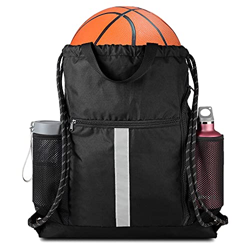 BeeGreen Drawstring Backpack Bag Sports Gym Backpack with Shoe Compartment and Two Water Bottle Holder for Men Women Large String Backpack Athletic Sackpack Workbag Black - color: Black, style: Drawstring With Shoe Compartment