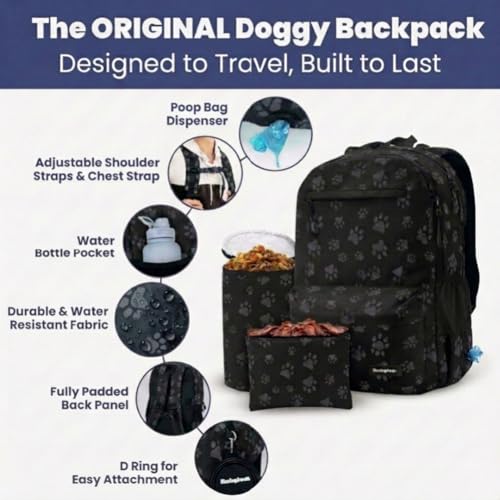 Dog Travel Bag for Supplies - Complete Dog Diaper Bag Backpack with 2 BPA-Free Travel Bowls, Treat Pouch, Food Container, Placemat & Laptop Sleeve – for Traveling, Road Trips, Hiking: Black-Paw Print - color: Black/Grey Paw Print