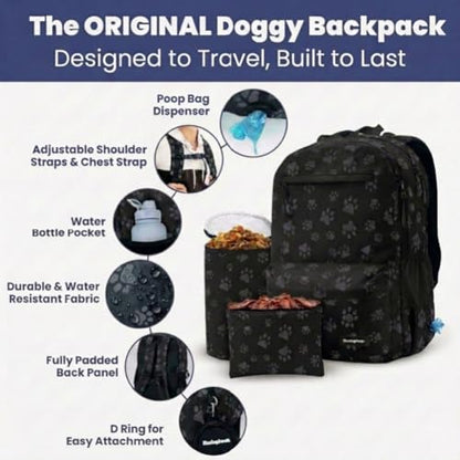 Dog Travel Bag for Supplies - Complete Dog Diaper Bag Backpack with 2 BPA-Free Travel Bowls, Treat Pouch, Food Container, Placemat & Laptop Sleeve – for Traveling, Road Trips, Hiking: Black-Paw Print - color: Black/Grey Paw Print