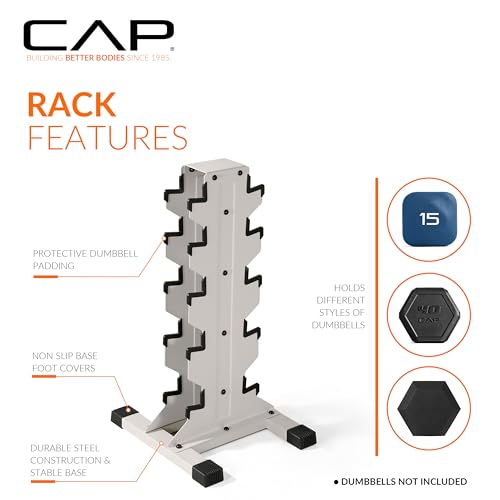 CAP Dumbbell Set with Rack, Rubber Coated Hex Free Weight Set | 100–300 lb Options, Vertical Space-Saving Storage for Home Gym Strength Training - size: 300 lb Set - Light Gray Rack, style: Chrome Handle