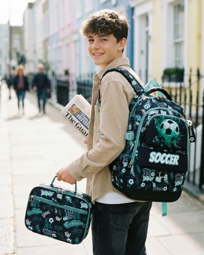 Makukke Kids Backpack for School Boys, 15.6" Backpack with Lunch Box & Pencil Case, Bookbag For Elementary, Middle School (Football Set – Green) - color: Green-Soccer