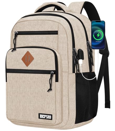 Classic Backpack for Men Women, School Backpack for Girls Boy Teens,15.6 Inch Laptop Bookbag with USB Charger for College High School Work Business Computer Book Bag,mochilas para hombres, Beige - color: C5-beige, size: 15.6 Inch