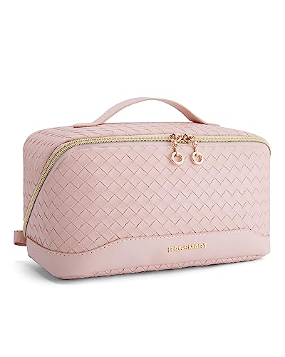 BAGSMART Makeup Bag, Travel Cosmetic Bag Organizer, PU Leather Water-Resistant Pouch, Open Flat Makeup Storage for Toiletries, Brushes, PU Leather Pink - color: 24-A-Pink