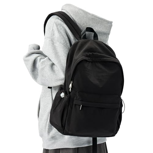 Simple Black School Backpack For Women Men Aesthetic Medium Backpack Lightweight Casual Daypack College Backpacks Cute Bookbag for Teens Girls Boys Basic Bagpack - color: Black