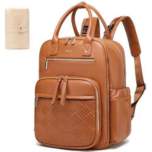 Leather Diaper Bag Backpack for Women with Multiple Pockets,Laptop Compartment and Changing Pad. - color: Brown