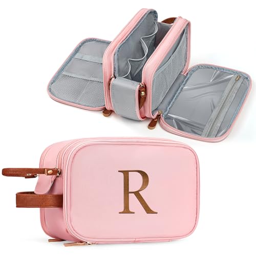 YOOLIFE Pink Letter Toiletry Bag - Travel Toiletry Bags for Women, Monogrammed Makeup Bag, Airplane Travel Essentials, Personalized Gifts for Women Her Teen Girls, Toiletries Letter R Pink - color: Pink, style: R
