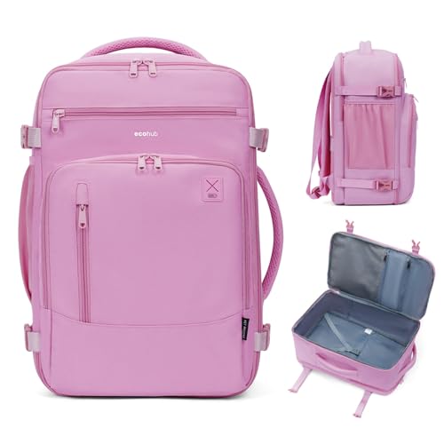 ECOHUB 17" Small Travel Backpack, United Airlines Personal Item Bag 17x10x9 with 16 Pockets, Water Resistant Rucksacks Fit 15.6" Laptop, AirTag Pocket, Lightweight Casual Daypack, 25L, Pink - color: Pink, size: 17 inch underseat