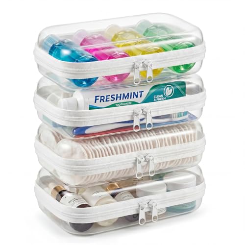 4 Pack Clear Hard Shell Zipper Case, Hard Plastic Zipper Pouches for Travel Toiletries, Makeup, Tech Gadgets & Pencils, Transparent Crush-Resistant Organizer Case (4S) - size: 4S