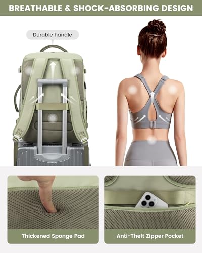 LOVEVOOK Large Travel Backpack for Women, TSA Carry on Backpack for Airplanes, 40L Personal Item Travel Bag for Women fits 17" Laptop,Waterproof Carry on Bag Airplane Approved with 3 Packing Cubes - color: Bean Green - Light Yellow - Dark Olive Green, siz