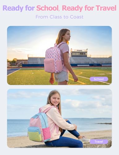 VASCHY School Backpacks, Lightweight Bookbag Schoolbag for Girls Casual Basic Simple Daypack for Women Blush Checkerboard - color: Blush Checkerboard