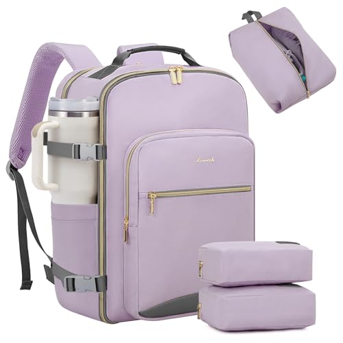 LOVEVOOK 40L Large Travel Backpack for Women Men, 17 Inch Carry on Backpack for Traveling on Airplane, Personal Item Travel Bag Airline Approved, Business Causal Weekender Backpack, Light Purple-Grey - color: Light Purple-grey, size: 40L-17.3 Inch-4Pcs