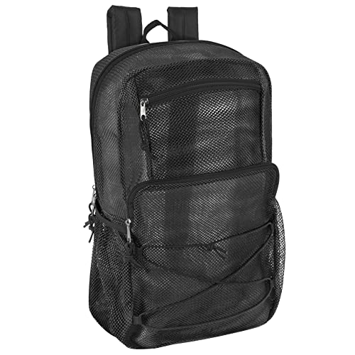 Deluxe See Through Mesh Backpack with Bungee Cord & Adjustable Padded Straps for Swimming, Travel (Black) - color: Black