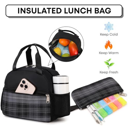 3PCS School Backpack For Student Women College Middle High Teen Girls Bookbag Waterproof Laptop Bag Plaid Black - color: Plaid Black