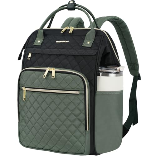 EMPSIGN 17 Inch Laptop Backpack for Women, Work Business Travel Computer College Bags, Large Capacity Water-repellent Quilted Casual Daypack, Black-Army Green - color: Black/Army Green, size: 17 inch