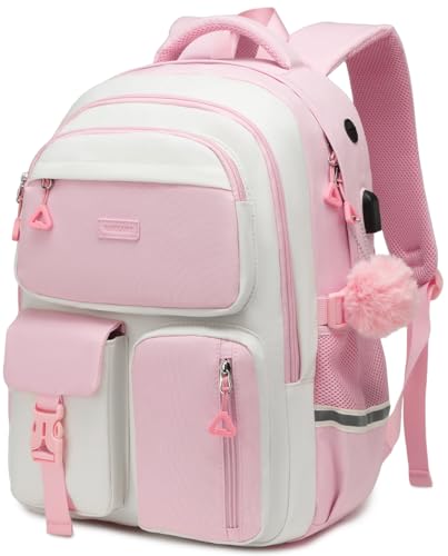 Backpack for Girls, Schoolbag for Middle High School Teen Girls College Bag for Women Bookbag, Mochilas Escolares para Niñas, Back to School Gifts, PinkWhite - color: Pinkwhite, size: 15.6in