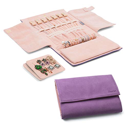 Becko US Jewelry Organizer Roll Travel Jewel Bag case for Multiple Necklaces, Rings, Bracelets, Supple Leather & Suede, Large Capacity Without Crease, Lightweight, Portable & Practical (Purple) - color: Purple