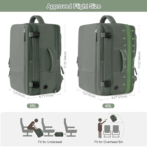 Sinaliy Large Expandable Travel Backpack for Men and Women, 17 Inch Laptop, Waterproof, Casual, College Bookbag, Backpack for Women, as Person Item Flight Approved - color: Olive Green
