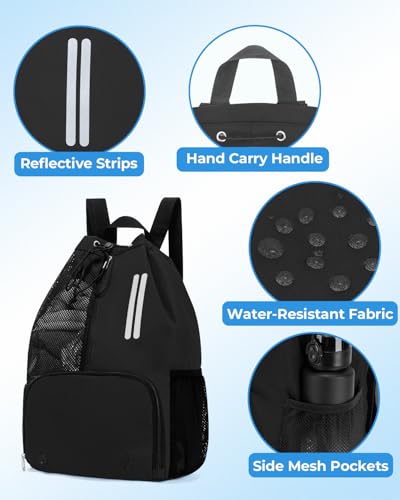 Swim Bag Mesh Drawstring Backpack with Shoe Compartment & Wet Pocket Waterproof Beach Backpack Pool Bag for Swimming, Gym, Travel and Workout Gear (Black) - color: Black