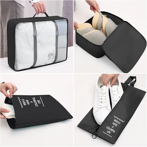 8 Set Packing Cubes for Suitcases, INVODA Travel Luggage Packing Organizers with Laundry Bag, Compression Storage Shoe Bag, Clothing Underwear Bag (Black) - color: Black
