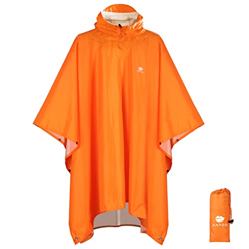 ANYOO Hooded Rain Poncho for Adults Waterproof Lightweight Rain Coat for Men Women Reusable Rain Jacket for Emergency Outdoor - color: X Orange