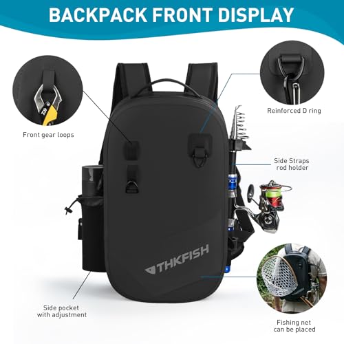 THKFISH IPX8 Waterproof Fishing Backpack with Rod Holder, Lightweight Fishing Sling Bag, Move Freely Fish Gifts for Men - color: Black