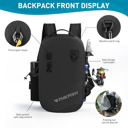 THKFISH IPX8 Waterproof Fishing Backpack with Rod Holder, Lightweight Fishing Sling Bag, Move Freely Fish Gifts for Men - color: Black