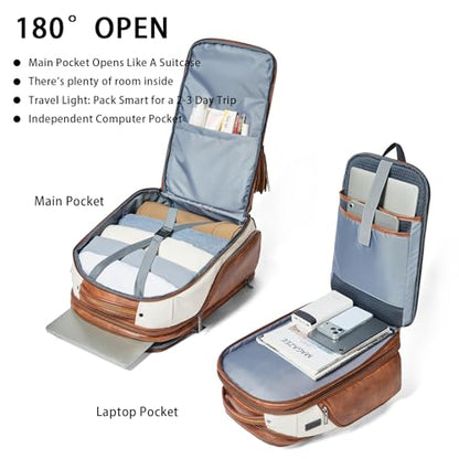 Shrrie Leather Backpack for Women, 17 Inch TSA Travel Backpack with USB Charger, 48L Expandable Large Capacity Computer Backpack Purse for Work Business Travel, Beige - color: Beige With Brown