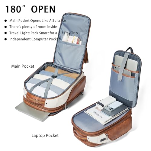 Shrrie Leather Backpack for Women, 17 Inch TSA Travel Backpack with USB Charger, 48L Expandable Large Capacity Computer Backpack Purse for Work Business Travel, Beige - color: Beige With Brown