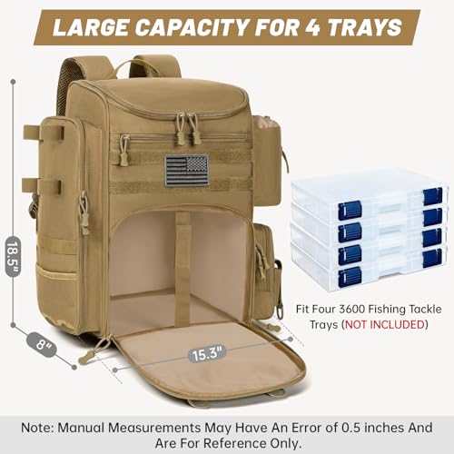 40L Fishing Backpack Water Resistant Fishing Tackle Bag with 2 Rod Holders, Tackle Storage Bag for Anglers(Khaki,Bag Only) - color: Khaki