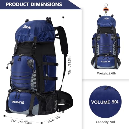 90L Hiking Backpack, Waterproof Camping Bag with Rain Cover, Lightweight Backpacking Back Pack - color: Blue