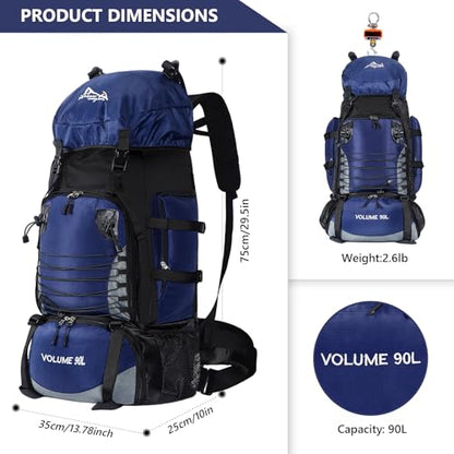 90L Hiking Backpack, Waterproof Camping Bag with Rain Cover, Lightweight Backpacking Back Pack - color: Blue