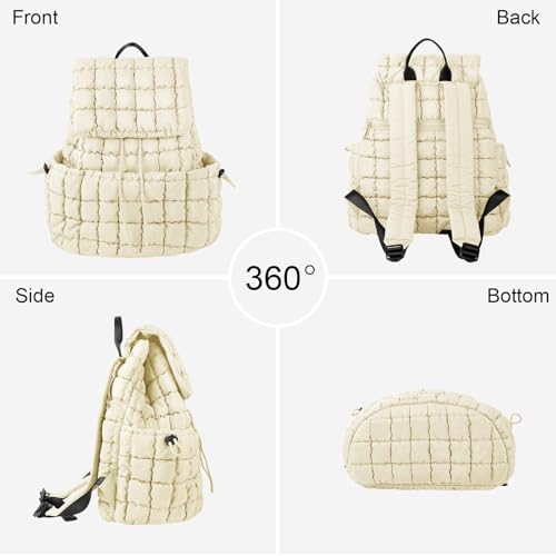 XSUIOY Quilted Backpack Purse for Women Small Lightweight Puffer Puffy College Laptop Backpack Nylon Casual Bookbag Daypack Top Flap Drawstring Padding Hiker Travel Gym Backpack(Beige) - color: Beige