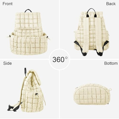 XSUIOY Quilted Backpack Purse for Women Small Lightweight Puffer Puffy College Laptop Backpack Nylon Casual Bookbag Daypack Top Flap Drawstring Padding Hiker Travel Gym Backpack(Beige) - color: Beige