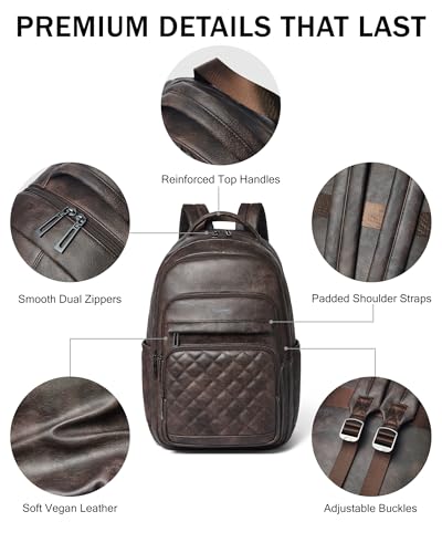 Bluome Work Backpack for Women Men, Laptop Vegan Leather Backpack Purse with 15.6–17 Inch Laptop, Multi-Pocket Bookbag for Office Travel Gym Weekend Overnight Bag, Coffee - color: Coffee
