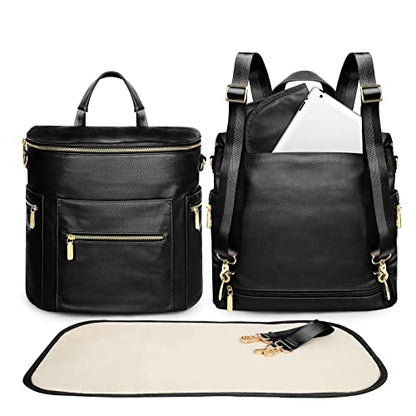 miss fong Diaper Bag Backpack Baby Diaper Bag, Large Leather Diaper Backpack with 16 Pockets Travel Diaper Bag with Diaper Changing Pad, Stroller Straps & 2 Insulated Pockets(Convertible, Black) - color: Black