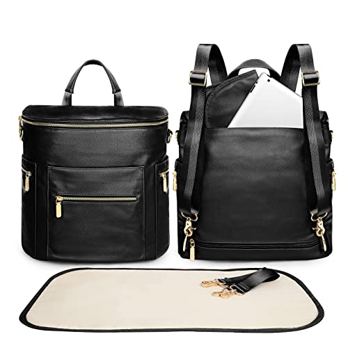 miss fong Diaper Bag Backpack Baby Diaper Bag, Large Leather Diaper Backpack with 16 Pockets Travel Diaper Bag with Diaper Changing Pad, Stroller Straps & 2 Insulated Pockets(Convertible, Black) - color: Black