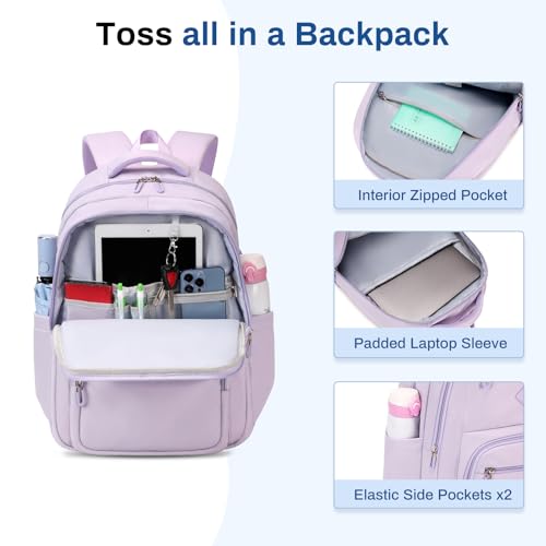 Sisipoet School Backpack for Girls, Lightweight Kids Bookbag Classic College Backpack for Teen Women with Luggage Strap, Age 8-18 Years Old, Purple - color: Purple