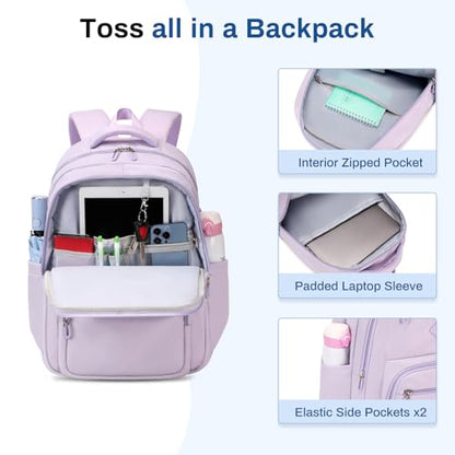 Sisipoet School Backpack for Girls, Lightweight Kids Bookbag Classic College Backpack for Teen Women with Luggage Strap, Age 8-18 Years Old, Purple - color: Purple