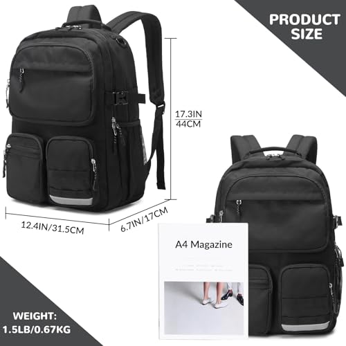 Lohol Water Resistant Backpack with Multifunctional Pockets for Teens, Durable Bookbag fits 15.6 inch Laptop for School Travel College, 25L (Black) - color: Black