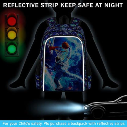 HPJGD 3PCS Kids Astronaut Backpack, Water Resistant Bookbag for Boys Set with Lunch Box, Cool School Bag for Elementary Preschool Toddler - Basketball Astronaut - color: Cool Uv Printed Astronaut Basketball Blue
