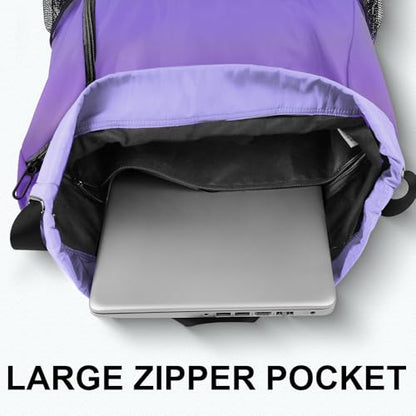Drawstring Backpack with Mesh Pockets String Gym Bag Sackpack Sandproof Water Resistant Beach Backpack for Men Women - color: Light Purple Gradient