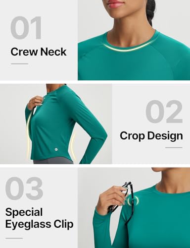 baleaf Women's UPF 50+ Long Sleeve Sun Shirts Crop Rash Guard UV Workout Tops SPF Slim Fit Lightweight Athletic Hiking - color: Green, size: Medium
