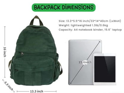 Green Canvas Backpack for Women Retro Aesthetic Rucksack Basic Backpack for High School/College Students Travel Laptop Bag - color: Forest Green