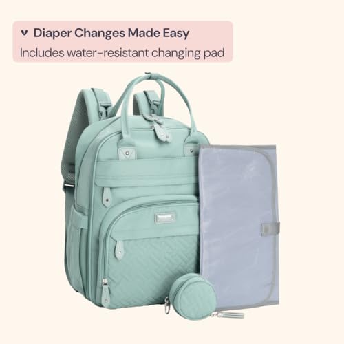BabbleRoo Diaper Bag Backpack - Baby Essentials Travel Bag - Multi Function Water Resistant Diaper Bag, Travel Essentials Baby Bag with Changing Pad, Stroller Straps & Pacifier Case – Sage Green - color: Sage Green, size: Large