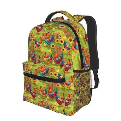 Casual Backpack Rooster Chicken Garden Flowers Painting, Lightweight Hiking Daypack with Water Bottle Holder for Travel - color: Pattern (271)