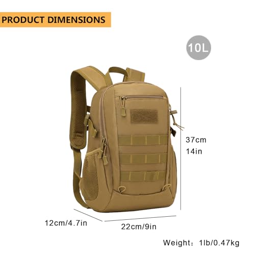 ArcEnCiel 10L/20L Mini X-Small Tactical Backpack MOLLE Daypack Gear Pack Camping Bag with Patch - color: Brown, size: 10L