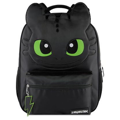 AI ACCESSORY INNOVATIONS How to Train Your Dragon Toothless Backpack, Black 16 Inch School Bag with 3D Face Applique, Green Eyes, Lightning Bolt Keychain, for Boys and Girls - style: Toothless