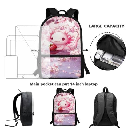 ZDCUSTOM Axolotl School Backpack for Kids 5PCS Set, Cute Backpacks with Pencil Case Water Bottle Holder Keychain, Pink Elementary Bookbag, Back to School Supplies for Boys Large Capacity - color: Strawberry Axolotl